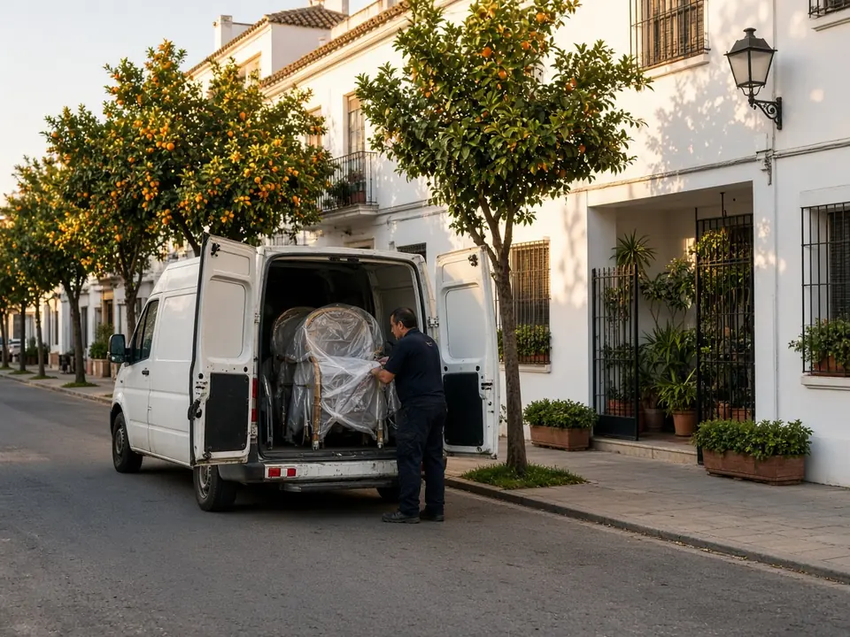 Furgón sin rotular cargando mobiliario de patio en una urbanización del Aljarafe.