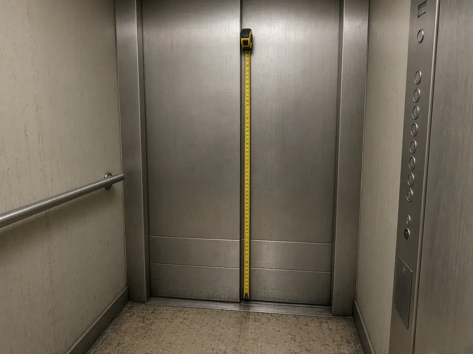 Cabina de ascensor estrecha de un bloque sevillano, insuficiente para un colchón de 1,50.